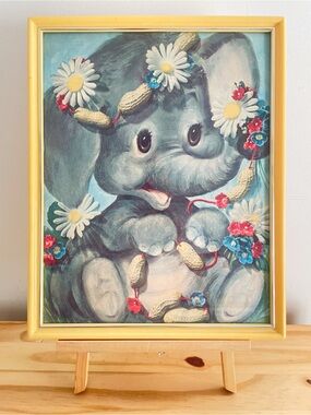 Vintage 1960s Kitsch Big Eye Baby Elephant Framed Litho Print Nursery Decor